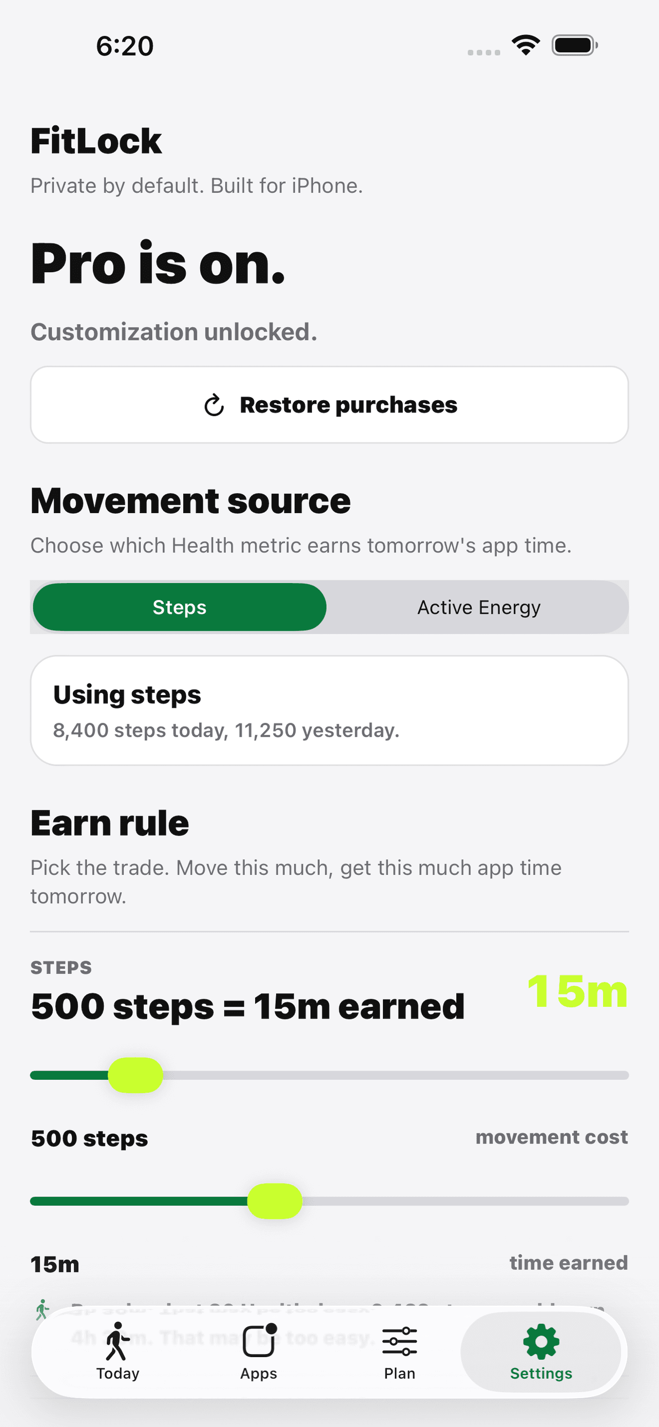 FitLock settings screen showing metric and privacy controls