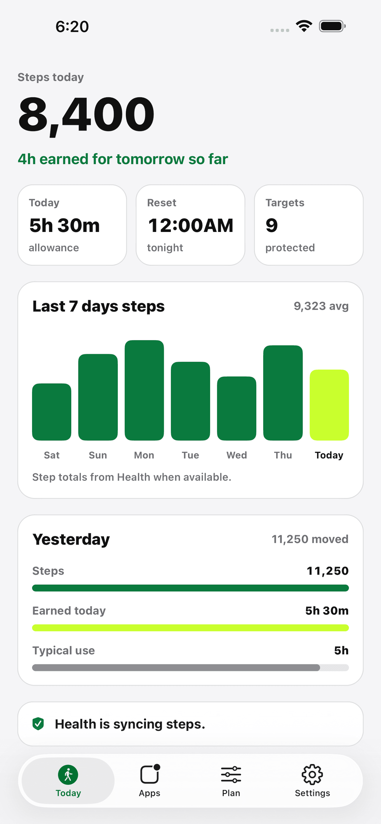 FitLock Today screen showing steps and earned time