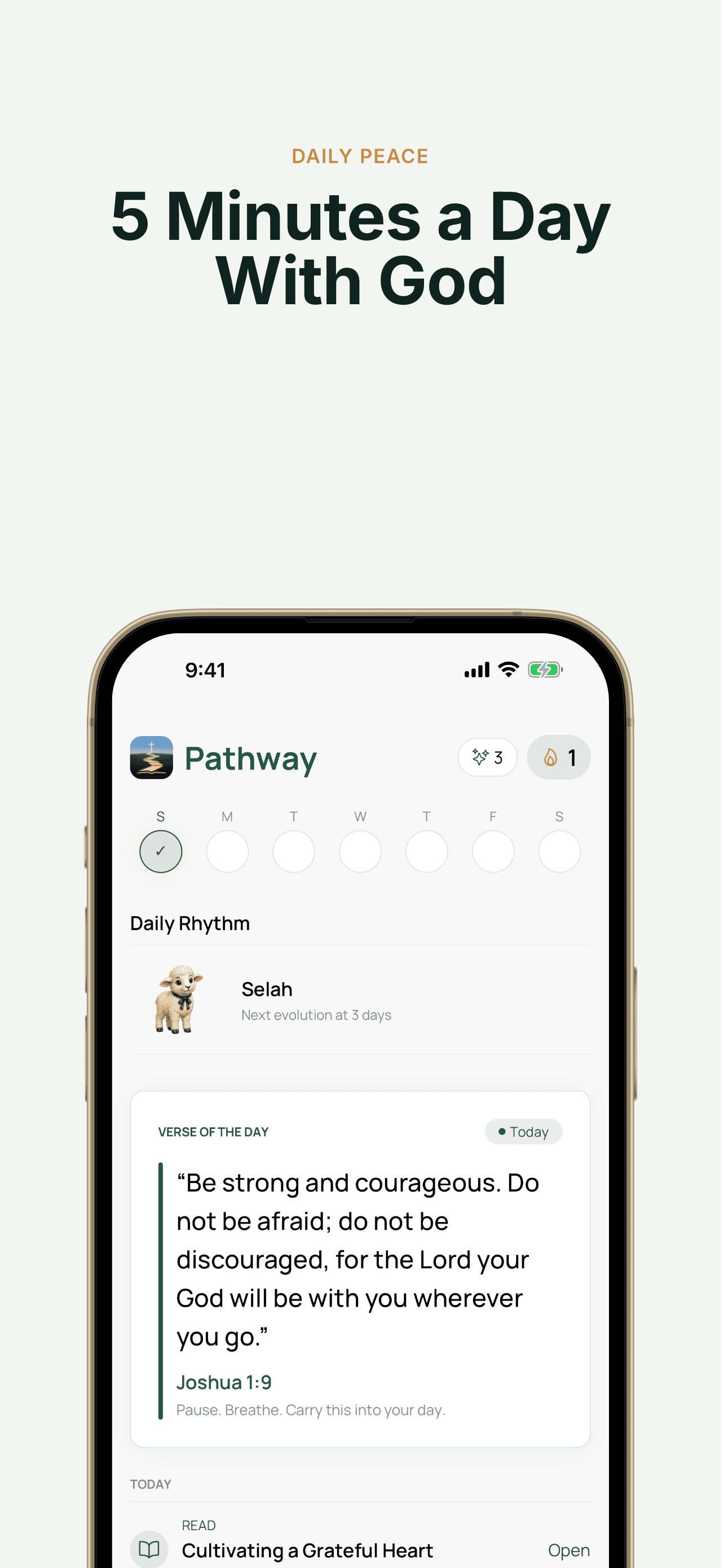 Pathway home screen with a daily rhythm, streak, Verse of the Day, and devotional