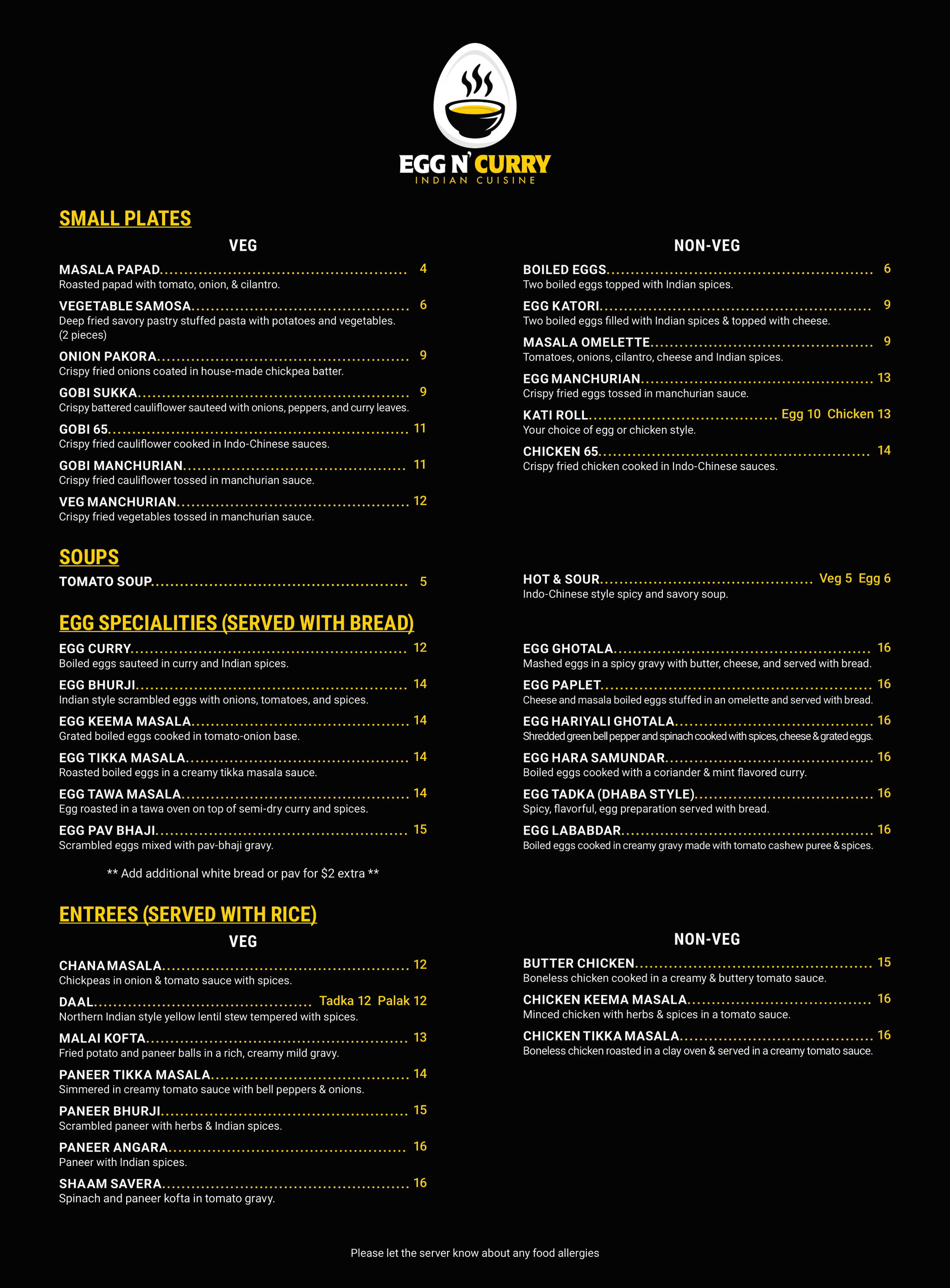 Egg N Curry Menu Page 1 - First page of the digital menu showing appetizers and specialty dishes