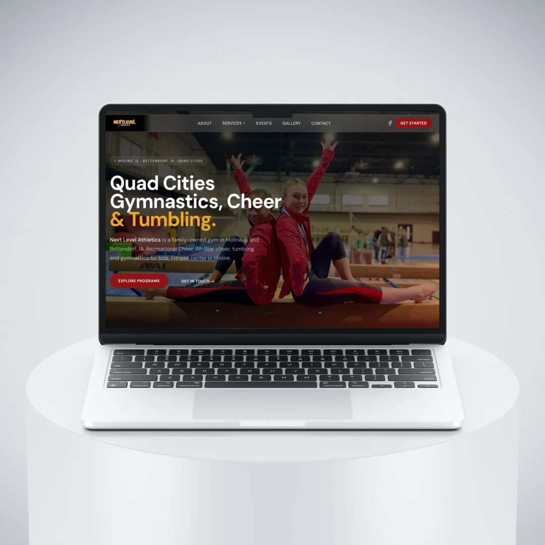 Next Level QC gymnastics website redesign on laptop — Quad Cities case study