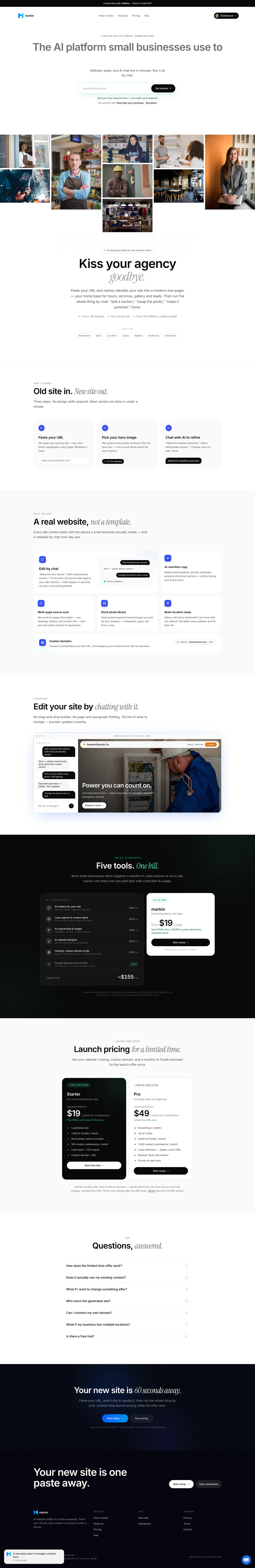 Markio AI website builder landing page designed for small businesses