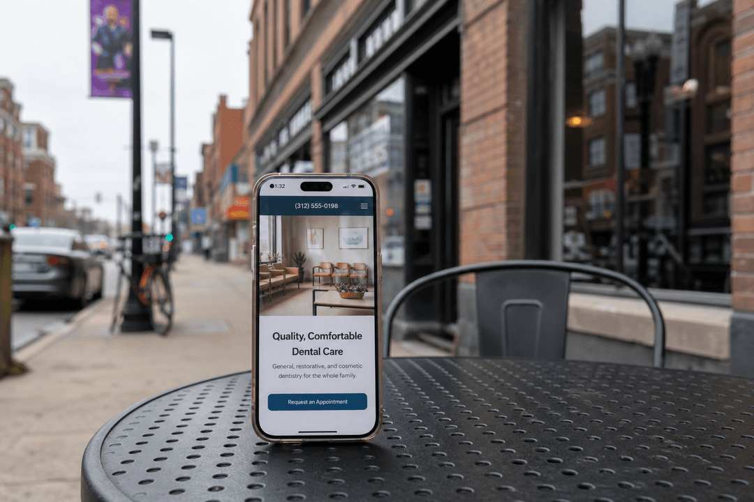 Phone on a Chicago sidewalk showing a fast dental website, checking what dentists need on a website on mobile