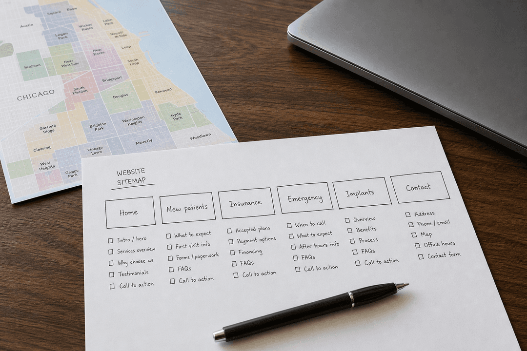 Paper page inventory of what dentists need on a website: home, new patients, insurance, emergency, implants, and contact