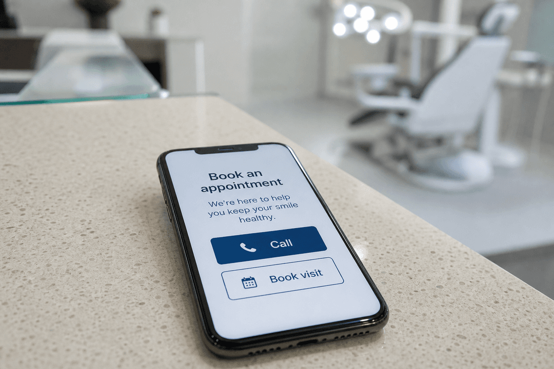 Phone on a dental reception desk with Call and Book visit buttons, the booking step of what dentists need on a website