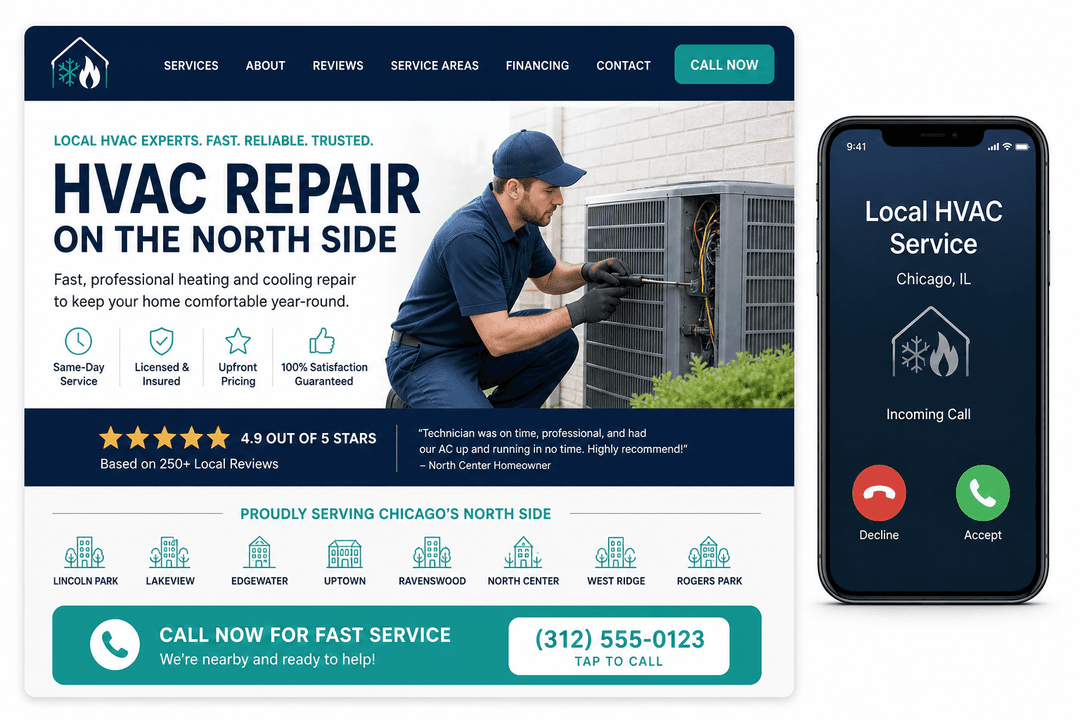 Chicago local SEO service page with headline, reviews, and click-to-call button