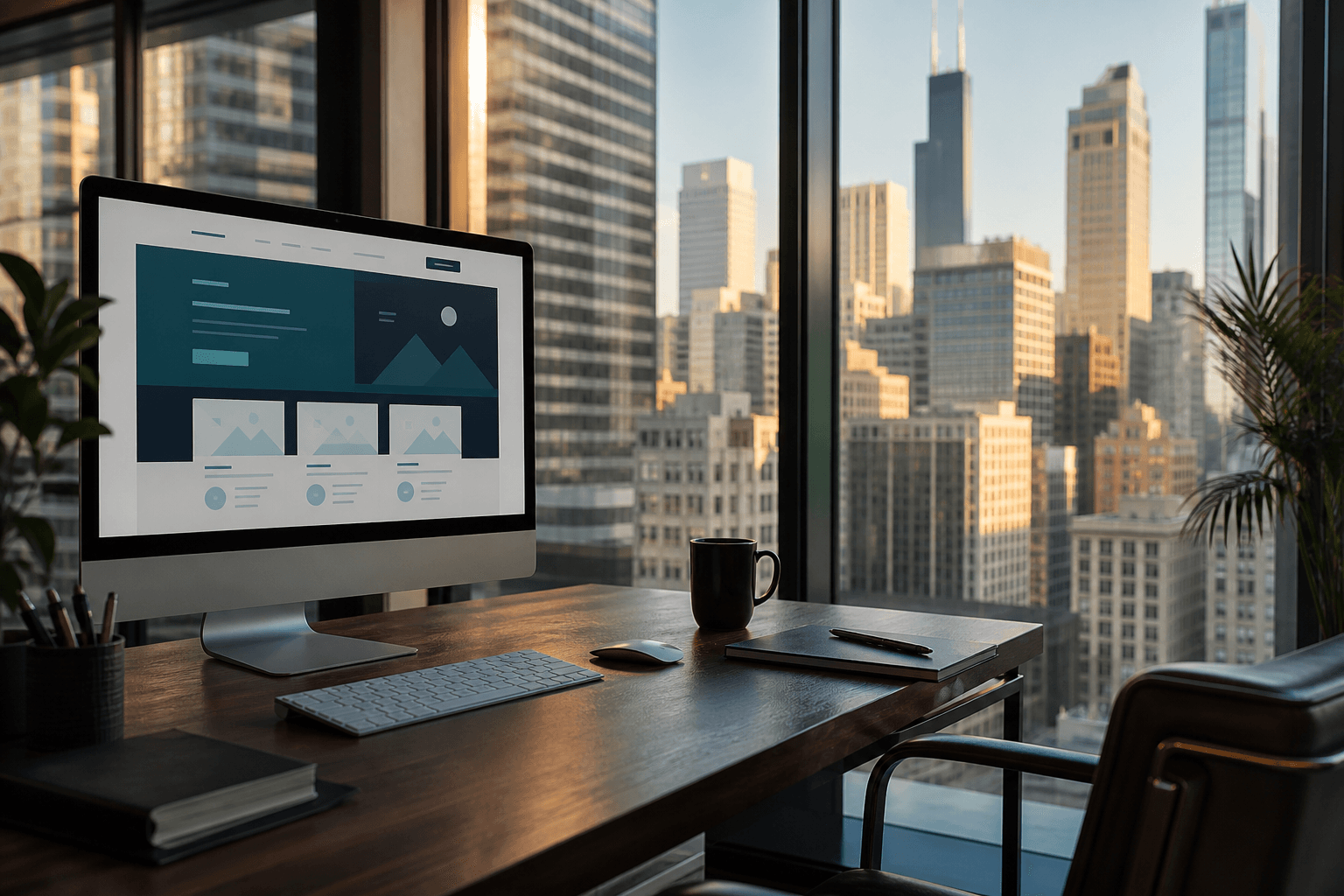 Next.js web design agency workspace in Chicago with a fast marketing site on screen