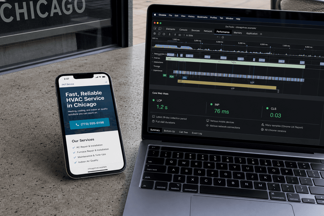 Next.js web design agency Core Web Vitals check on a Chicago HVAC site
