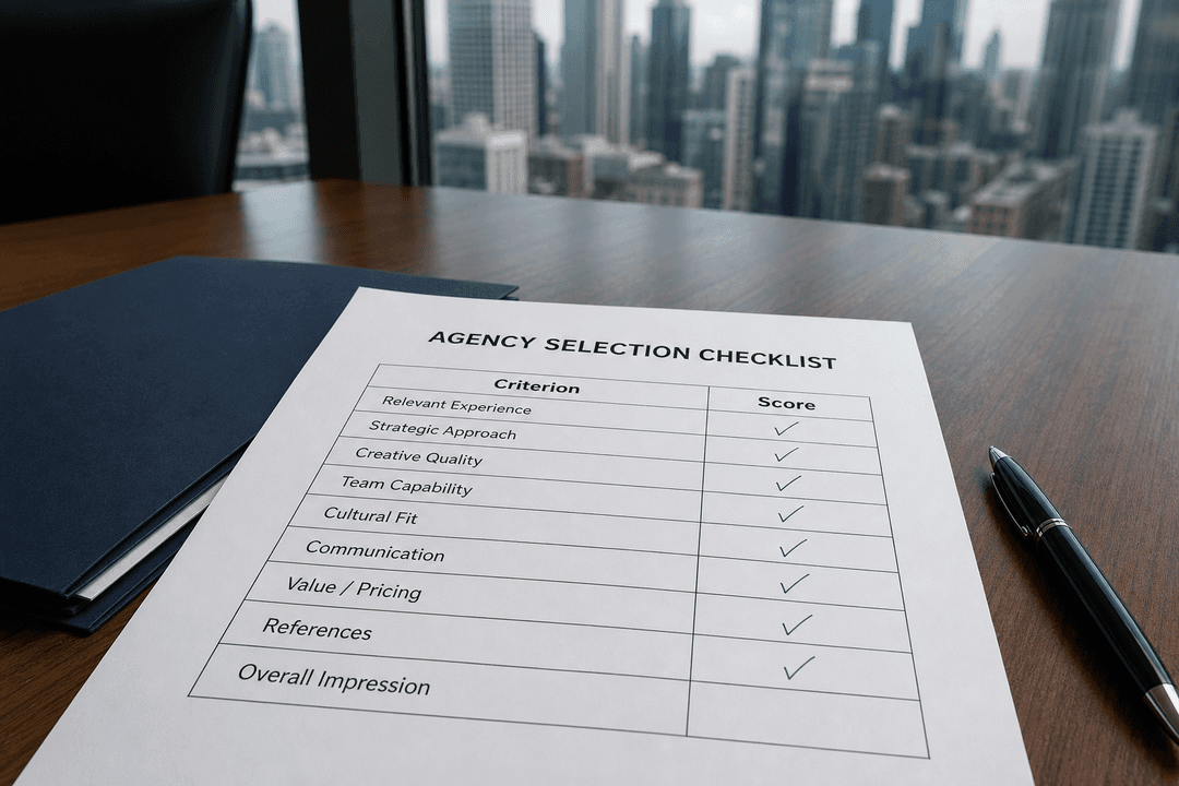 Next.js web design agency selection scorecard printed on a conference table
