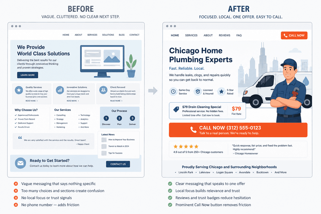 Before and after homepage showing a Chicago website converting visitors into phone calls