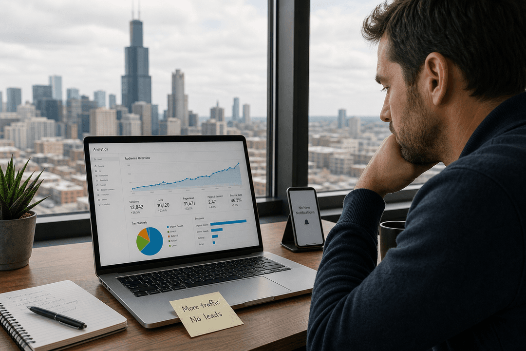 Chicago small business owner reviewing website traffic but no leads in Google Analytics