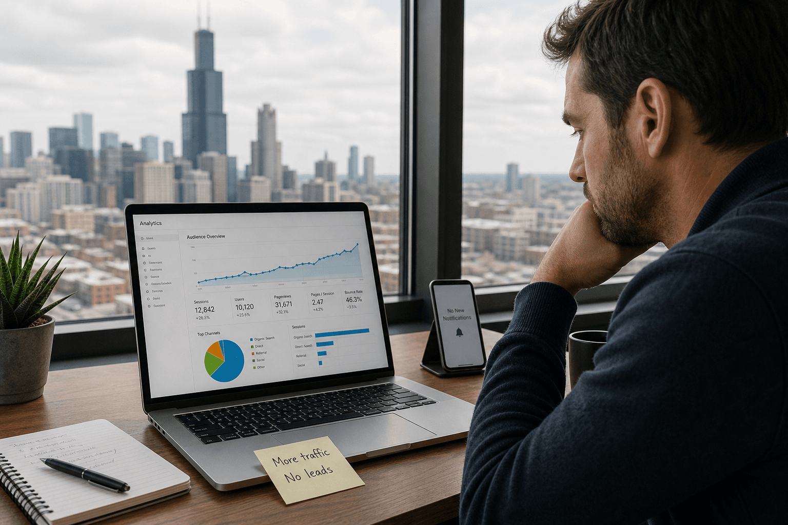Chicago small business owner reviewing website traffic but no leads in Google Analytics