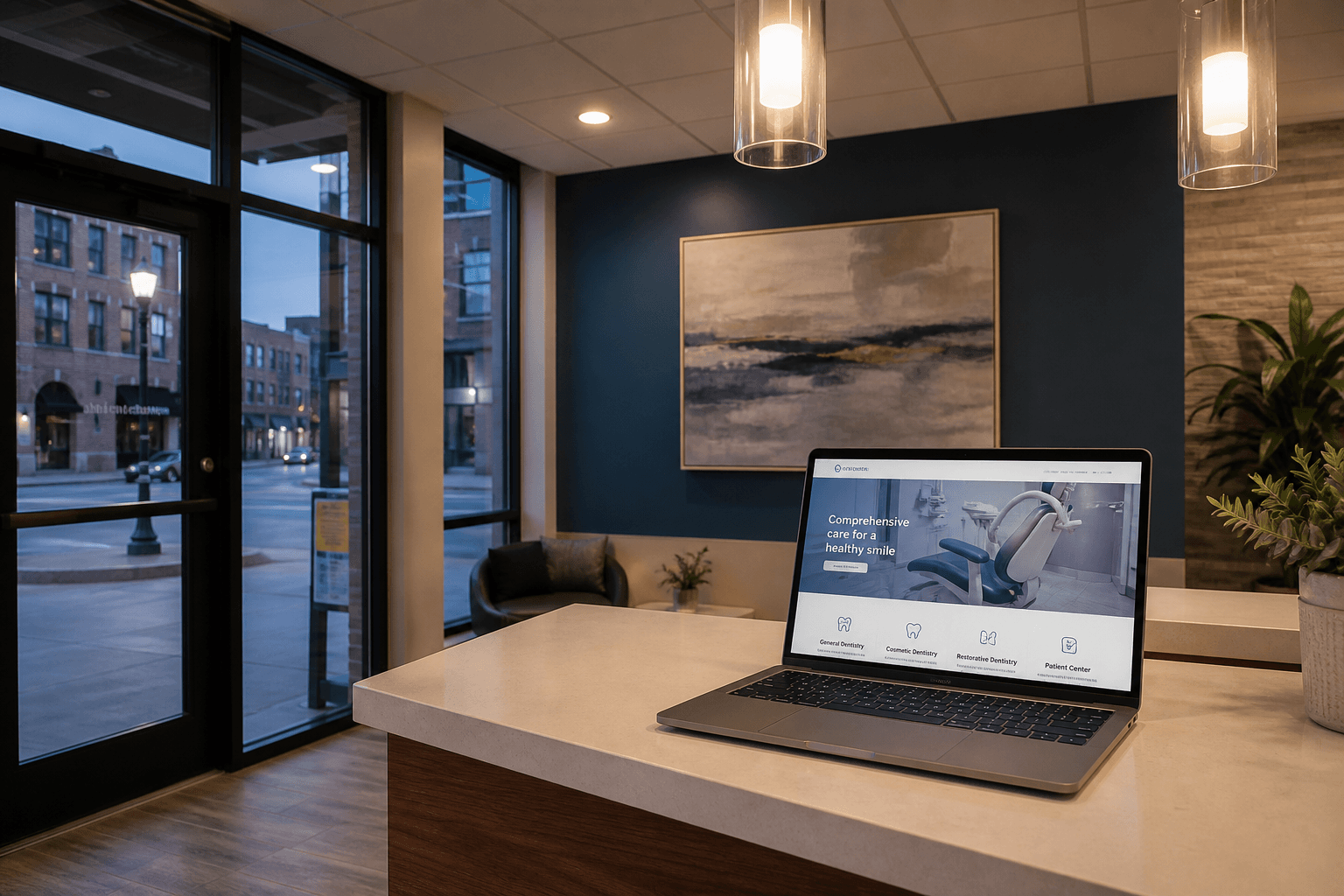 Laptop in a Chicago dental reception showing what dentists need on a website