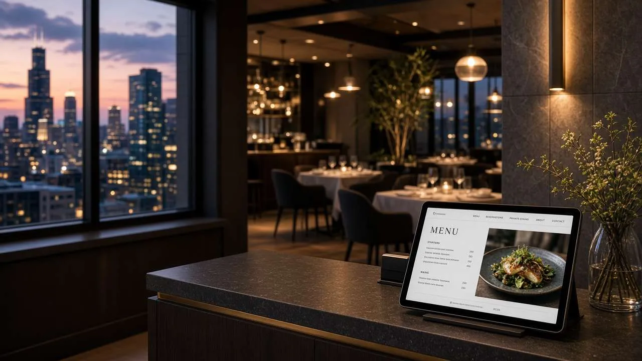 Chicago restaurant host stand tablet showing a restaurant website design company menu layout at dusk