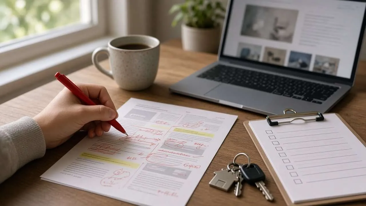 Small business owner reviewing an AI content draft with a red pen, following Google AI content guidelines