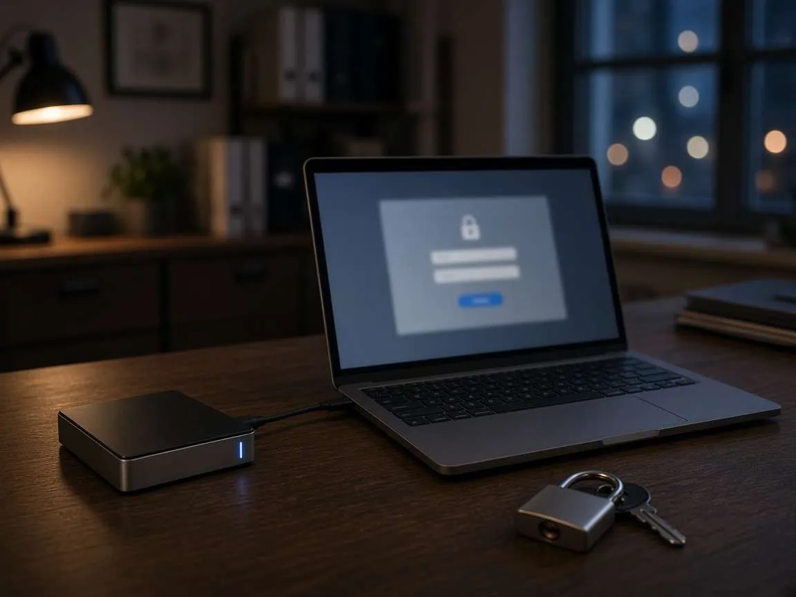 Backup drive and login screen on a desk while rotating passwords after the PHP2Shell patch
